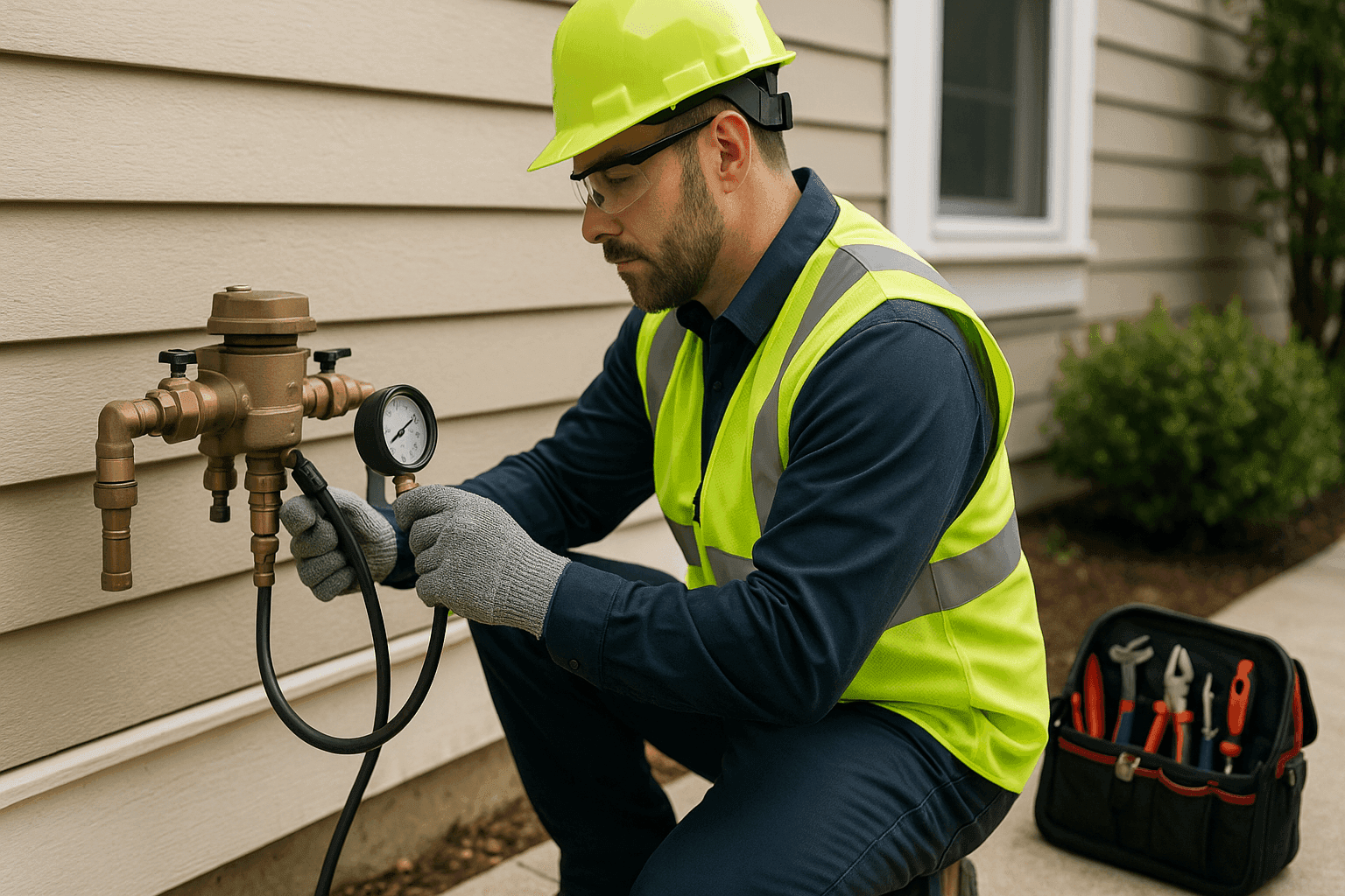 Plumber testing backflow prevention device on residential exterior wall