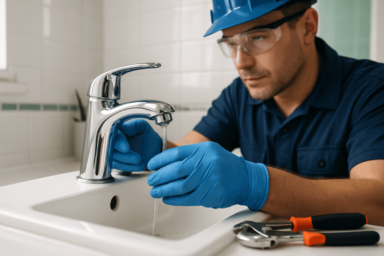 Plumber repairing leaking bathroom faucet in modern residential bathroom