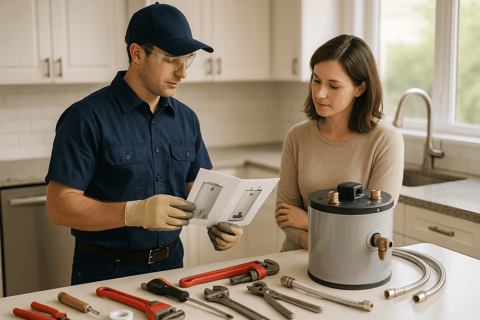 Plumber explaining water heater choices to homeowner in kitchen