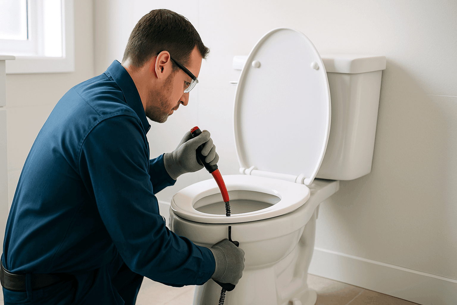 Plumber using toilet auger to clear residential toilet blockage
