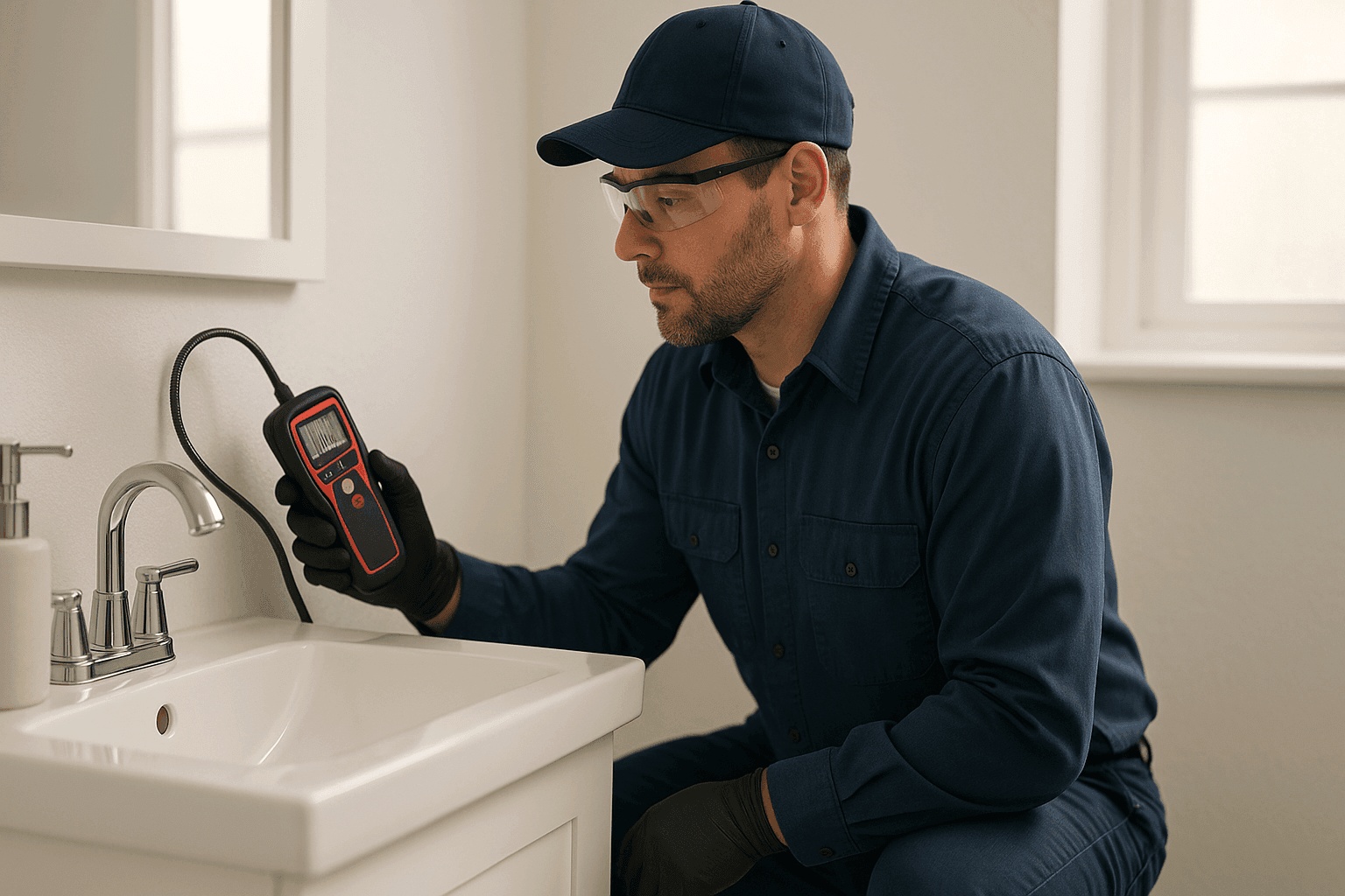 Plumber using electronic leak detector on bathroom wall