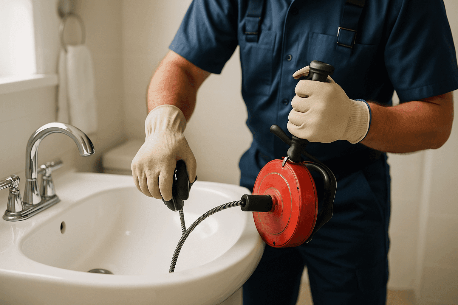 Plumber using manual drain snake in bathroom sink