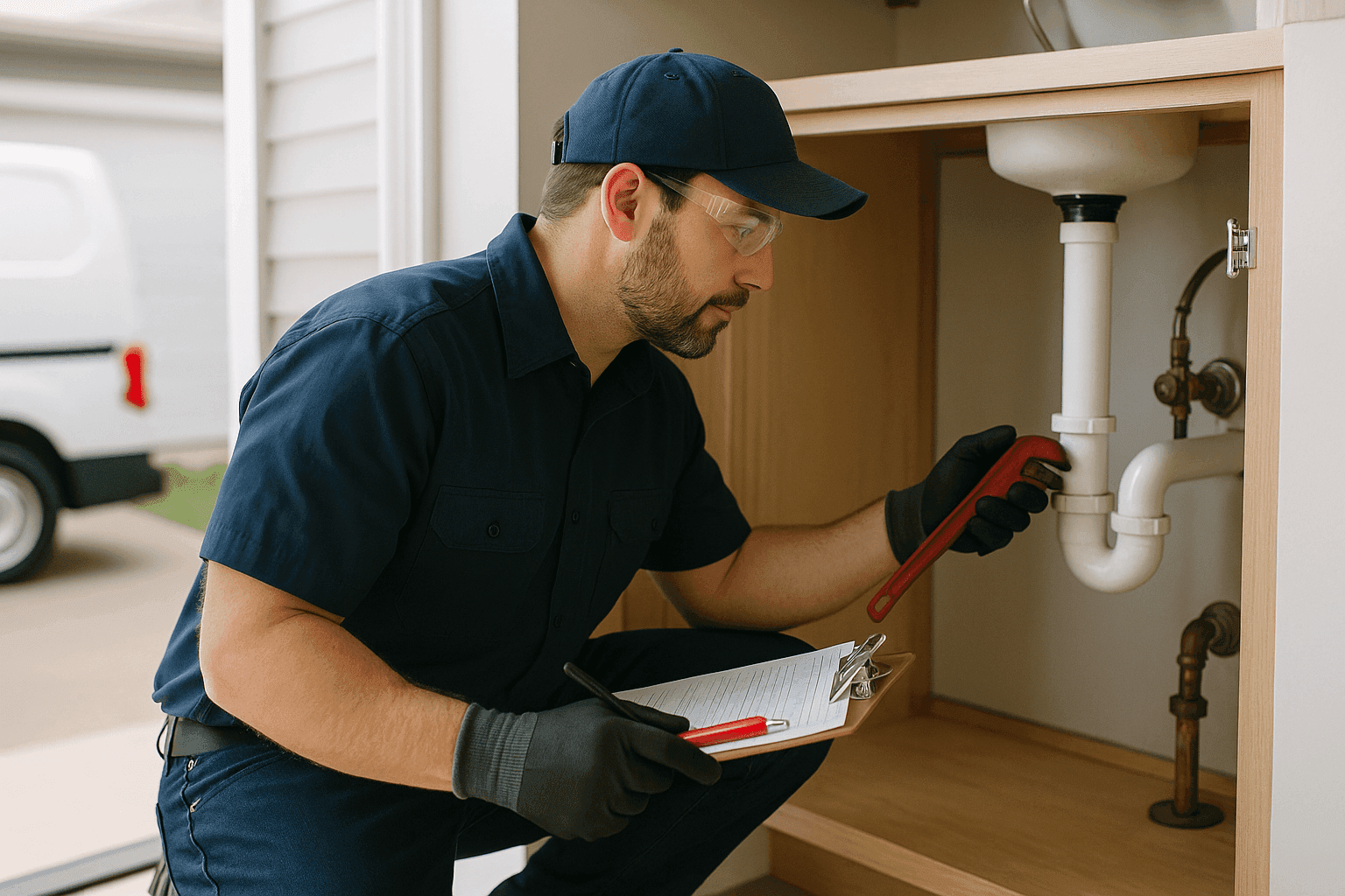 Professional plumber performing home plumbing maintenance inspection