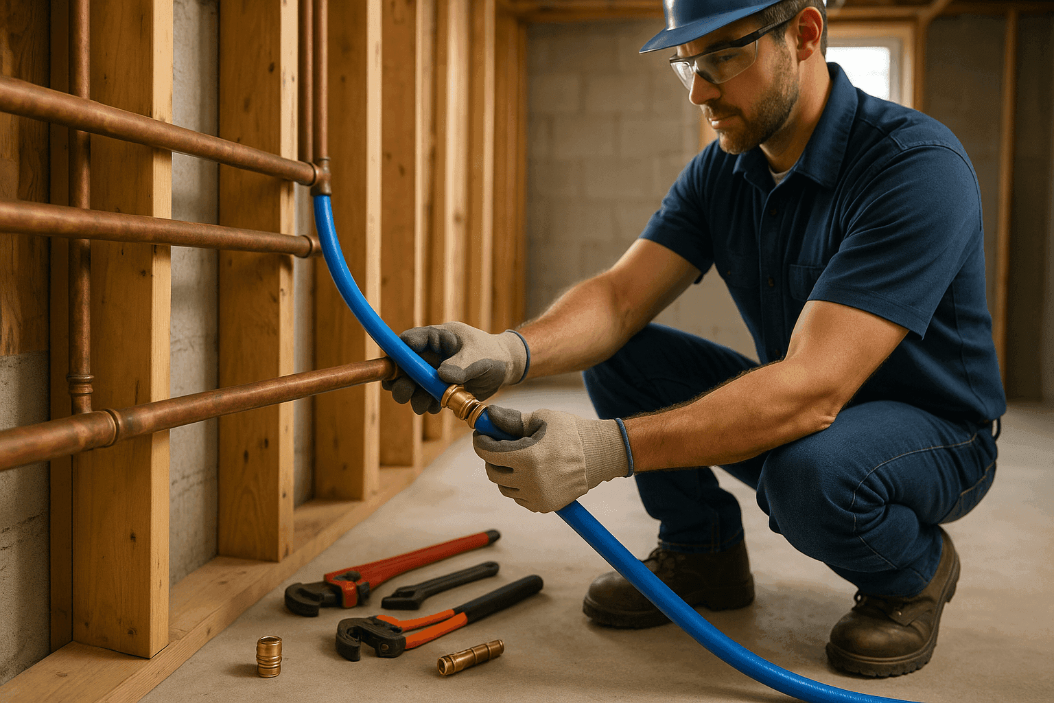 Plumber replacing old copper pipes with new PEX piping in home