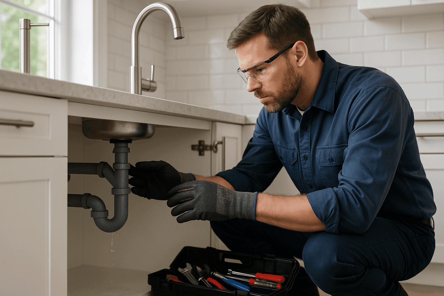 Plumber inspecting leaking pipe under kitchen sink with tools