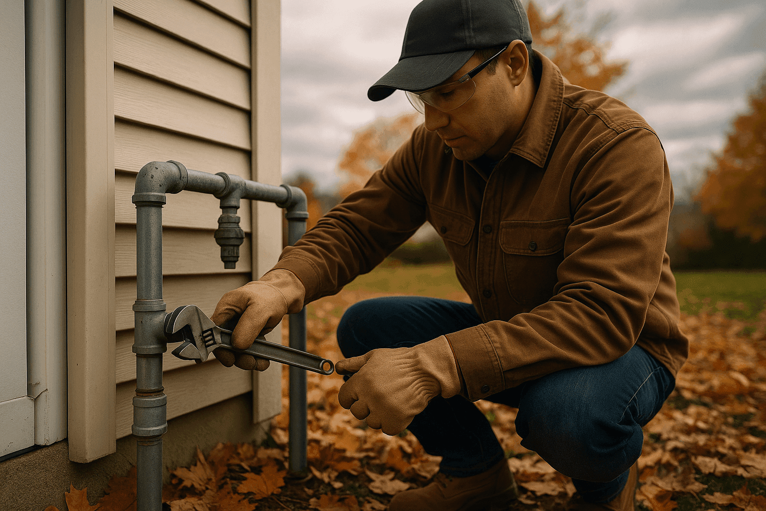 Homeowner preparing outdoor plumbing pipes for seasonal weather changes