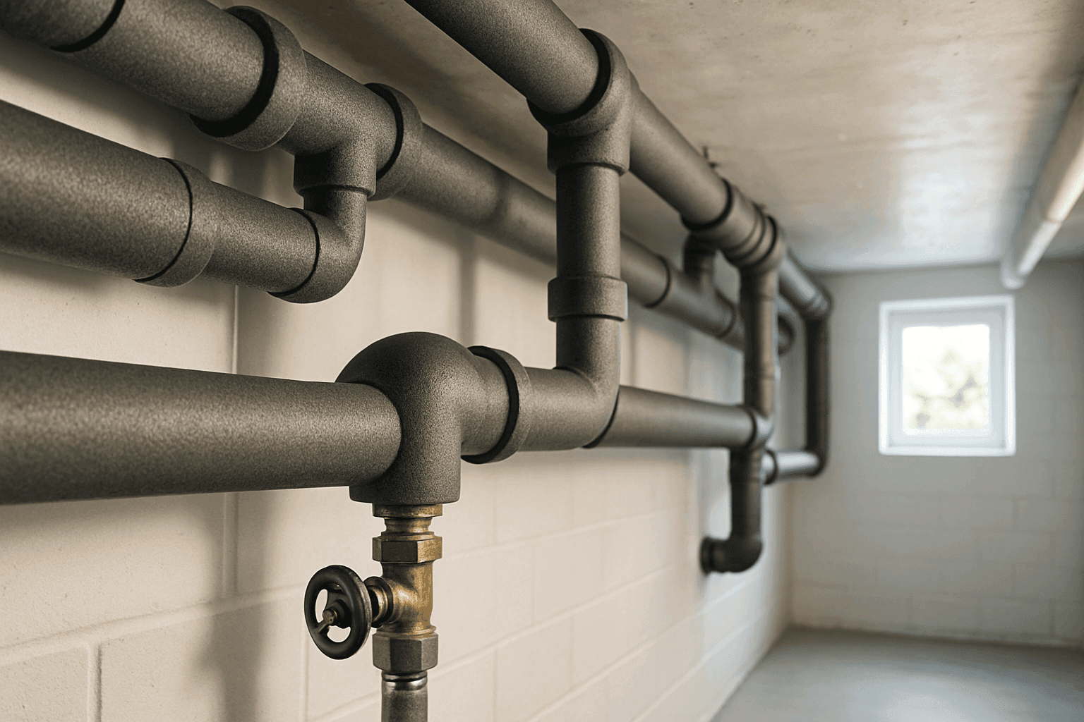 Insulated pipes in residential basement for winter protection