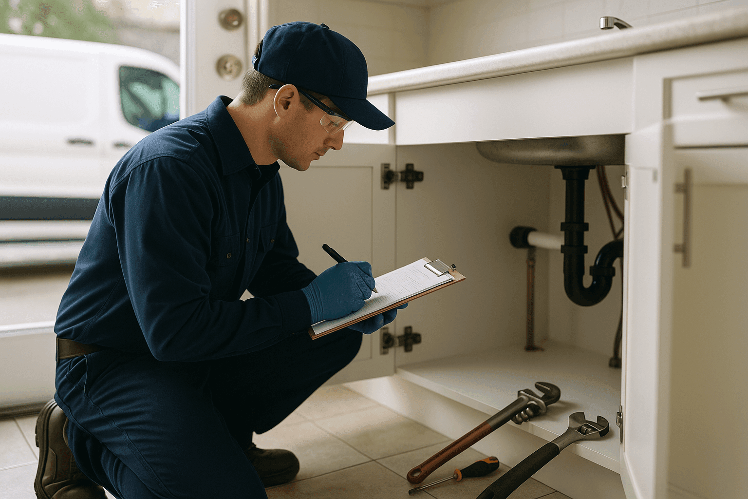 Professional plumber performing preventative plumbing maintenance inspection