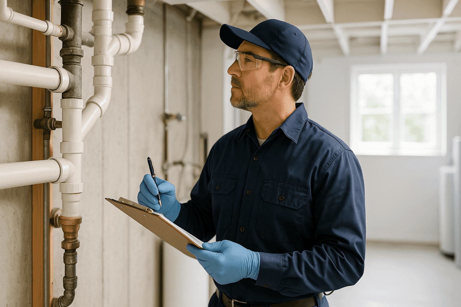 Plumber inspecting pipes and fixtures on seasonal plumbing checklist