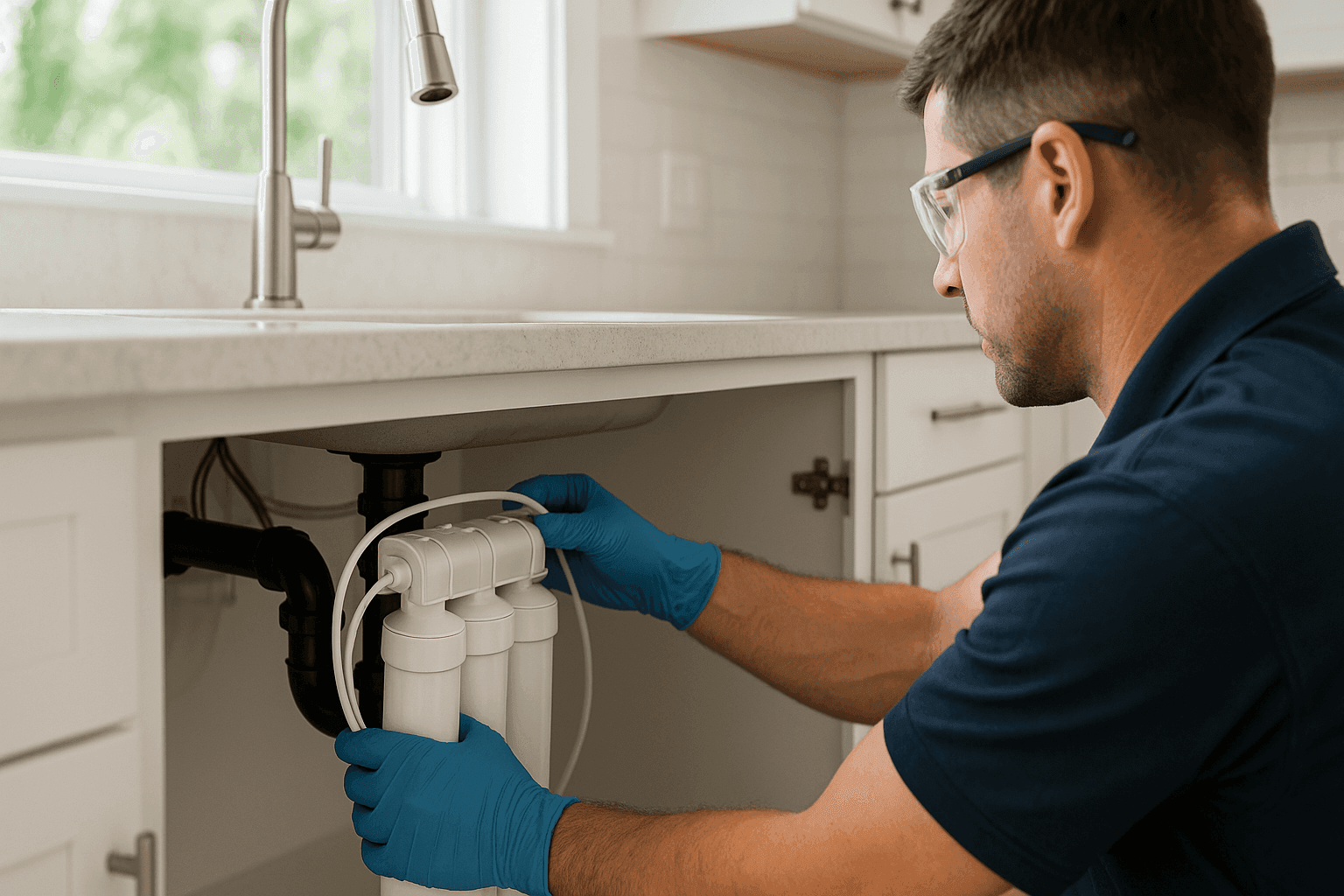 Plumber installing under-sink water filtration system in residential kitchen