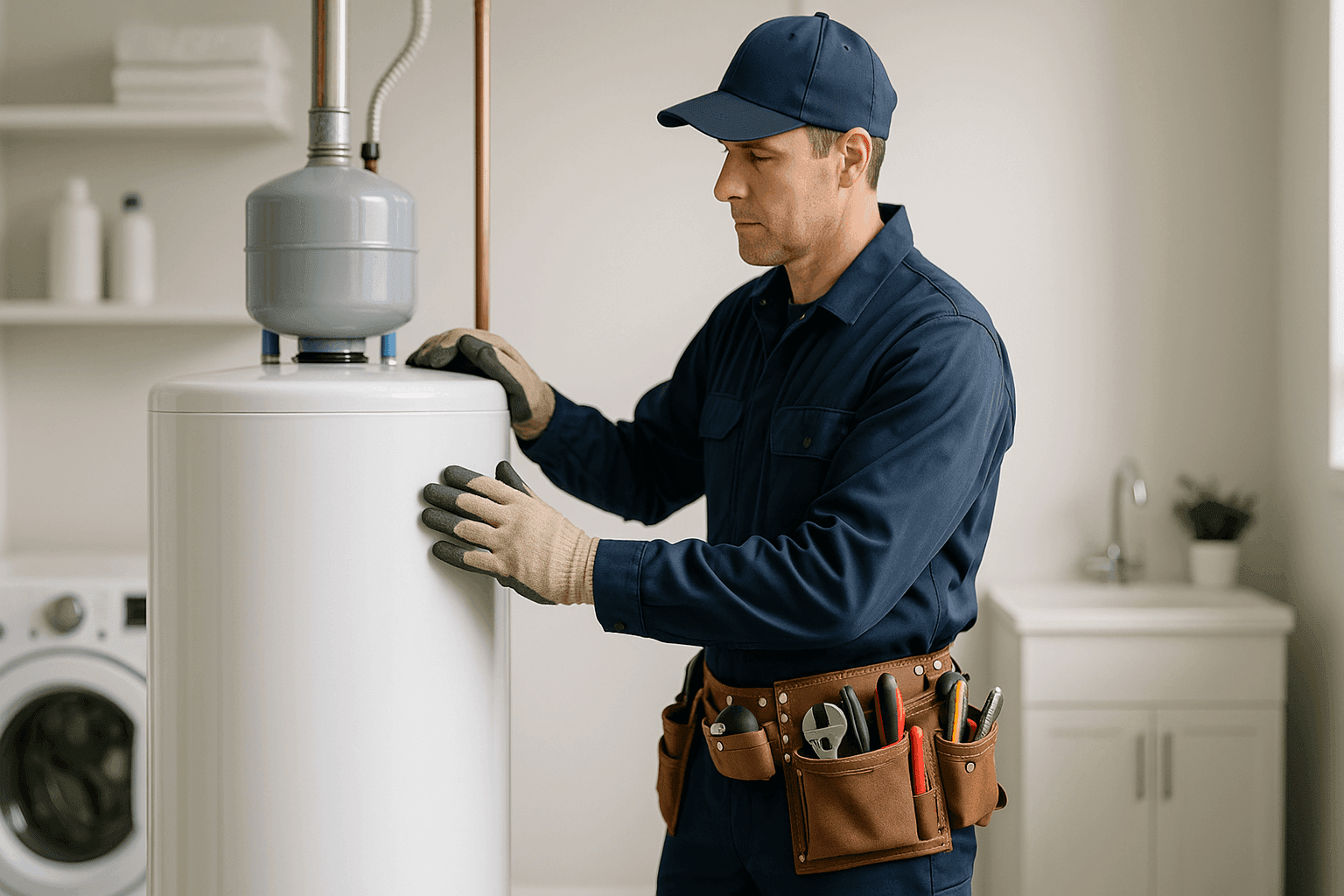 Plumber inspecting a residential water heater tank